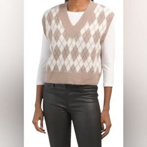 William Rast Argyle Vest Cream & Light Brown Size L Incredibly Soft & Fuzzy Cozy